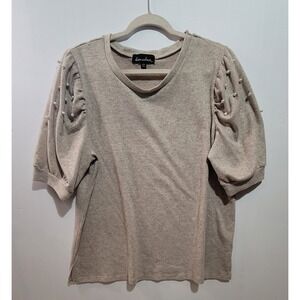 Women's Beige Pearl Puff Sleeve Knit Top Sweater Blouse Casual Cozy Holiday 2x